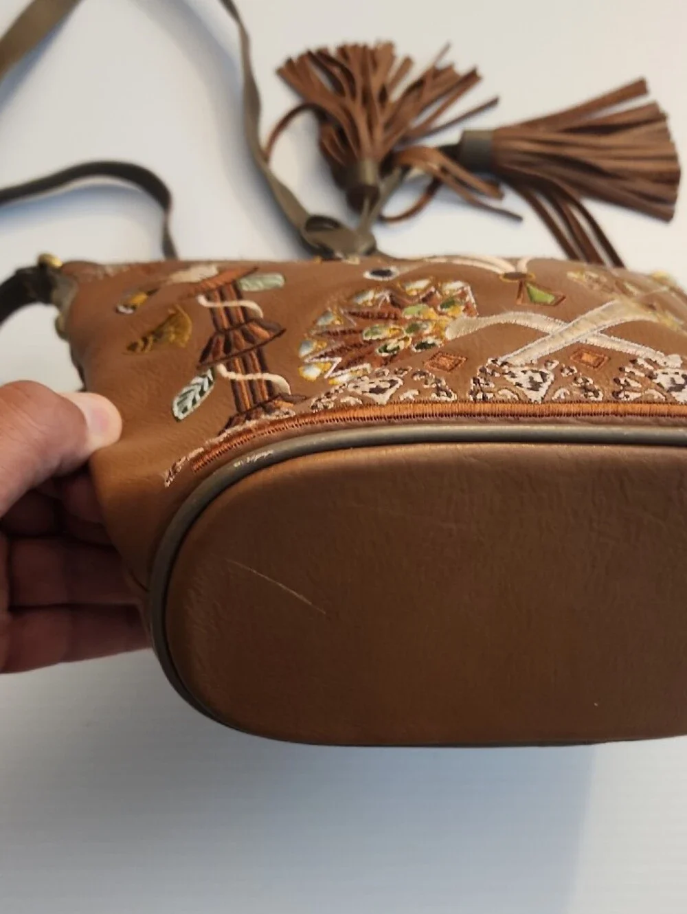 Sharif 1827 Egyptian Lotus Hobo/Crossbody Leather Bag. Embroidered Leather. 9×11